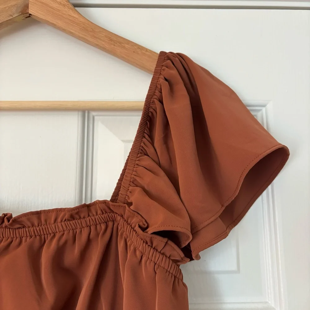 Abercrombie and Fitch Flutter Sleeve Smocked Top Crop Tank Brown Rust M Flowy - Picture 4 of 7